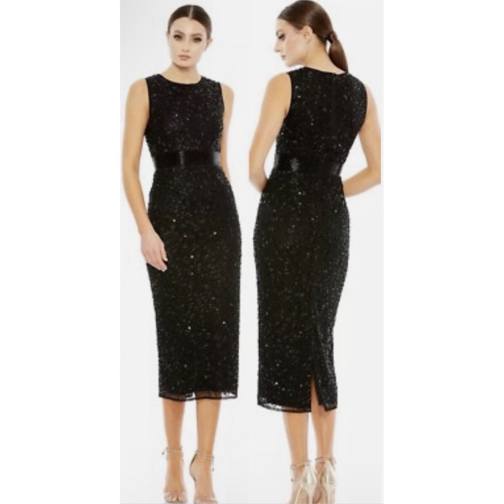 MAC DUGGAL 93758 GEOMETRIC EMBELLISHED SLEEVELESS A-LINE BLACK MIDI DRESS Size 2